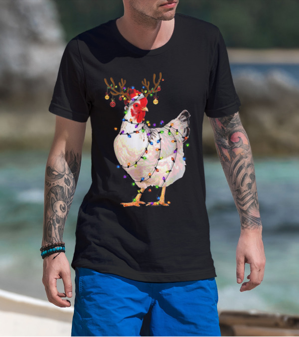 Funny Chicken Wearing Reindeer Antlers And Christmas Lights T-Shirt