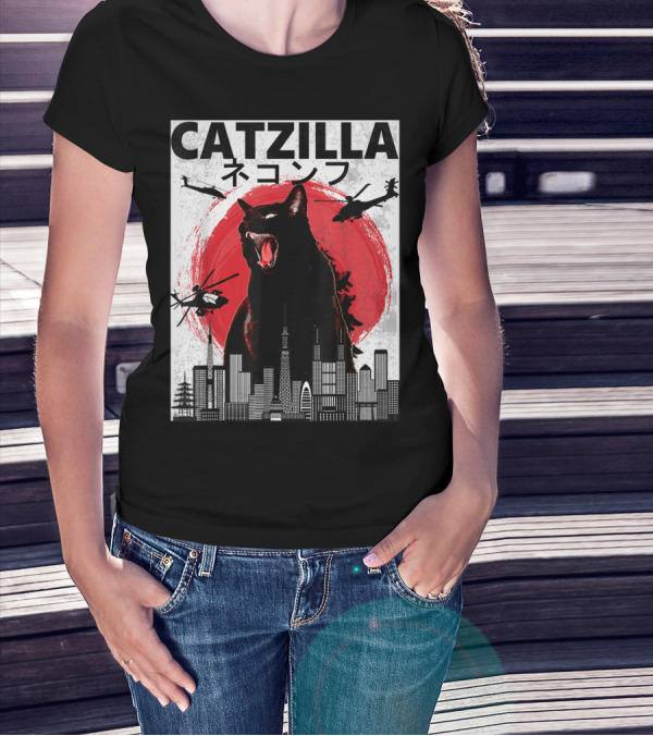 Catzilla Japanese Sunset Helicopters Cityscape Skyscraper Tower T-Shirt