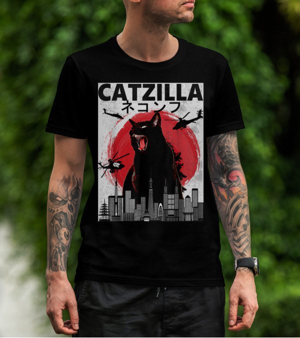Catzilla Japanese Sunset Helicopters Cityscape Skyscraper Tower T-Shirt