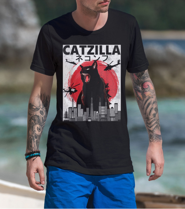 Catzilla Japanese Sunset Helicopters Cityscape Skyscraper Tower T-Shirt