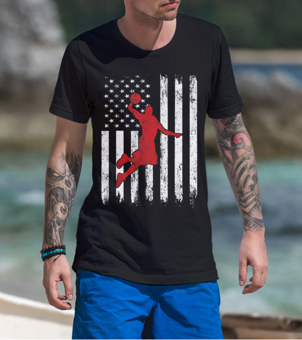 Proud American Basketball Vintage Flag Dunking T-Shirt