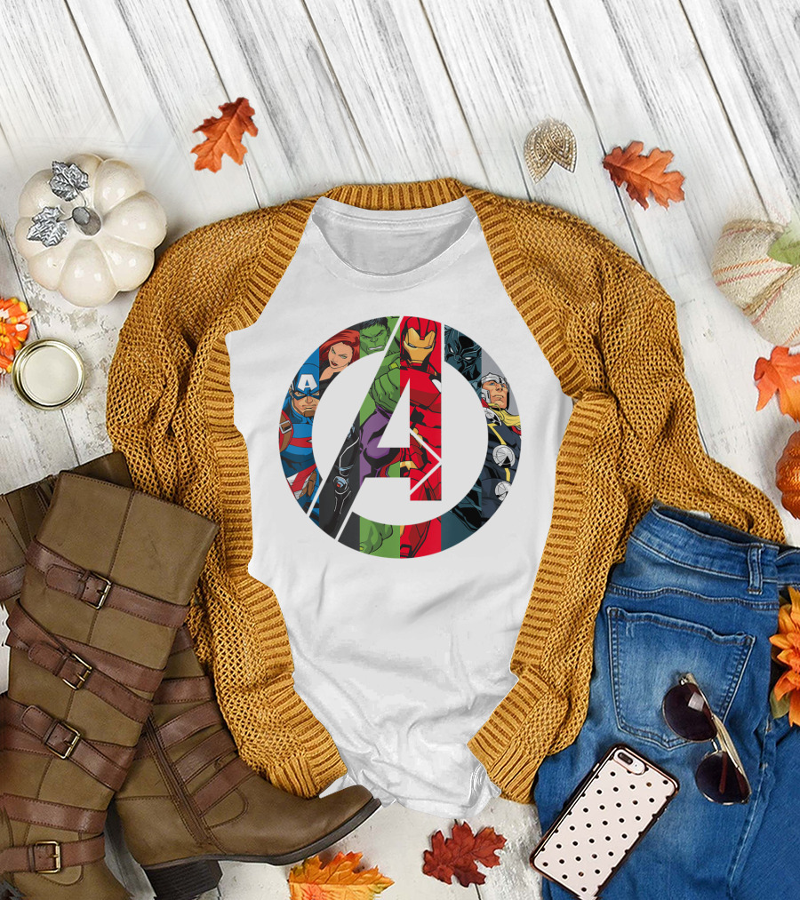 Avengers Assemble Icon with Captain America, Black Widow, Hulk, Iron Man, Black Panther, Thor T-Shirt