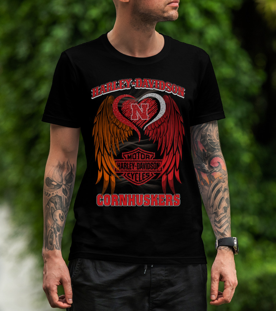 Harley Davidson Heart Wings Nebraska Cornhuskers Motorcycles T-Shirt