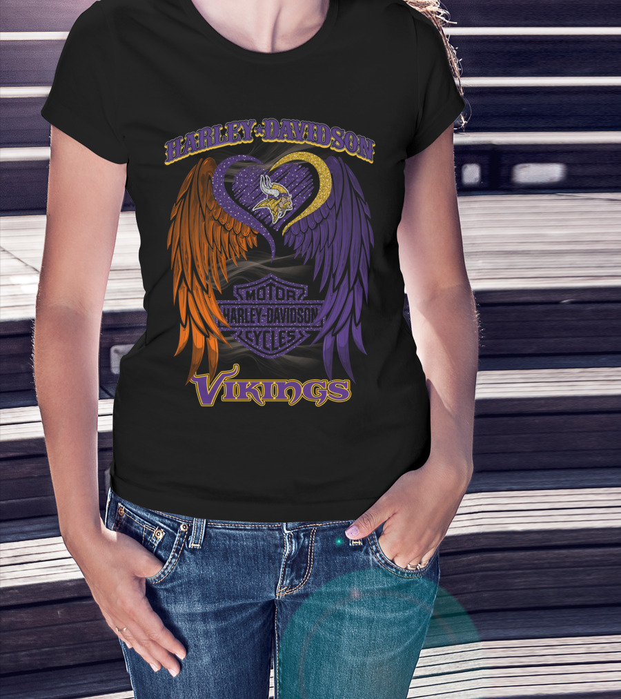 Harley Davidson Motor Cycles Minnesota Vikings Winged Heart T-Shirt
