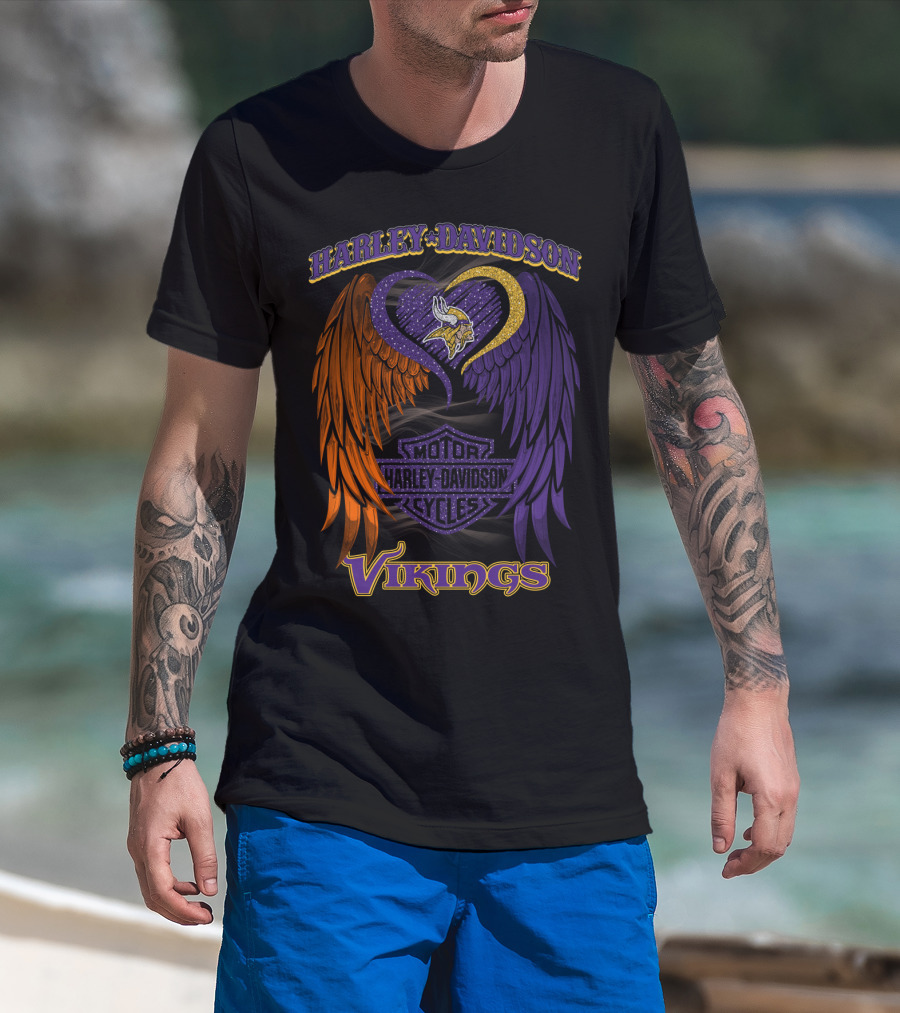 Harley Davidson Motor Cycles Minnesota Vikings Winged Heart T-Shirt