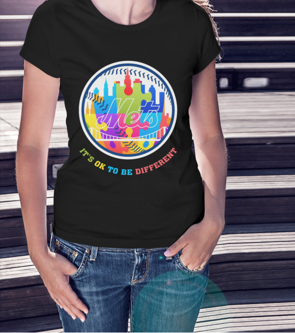 New York Mets It's OK To Be Different Colorful Skyline Bridge Puzzle Baseball T-Shirt
