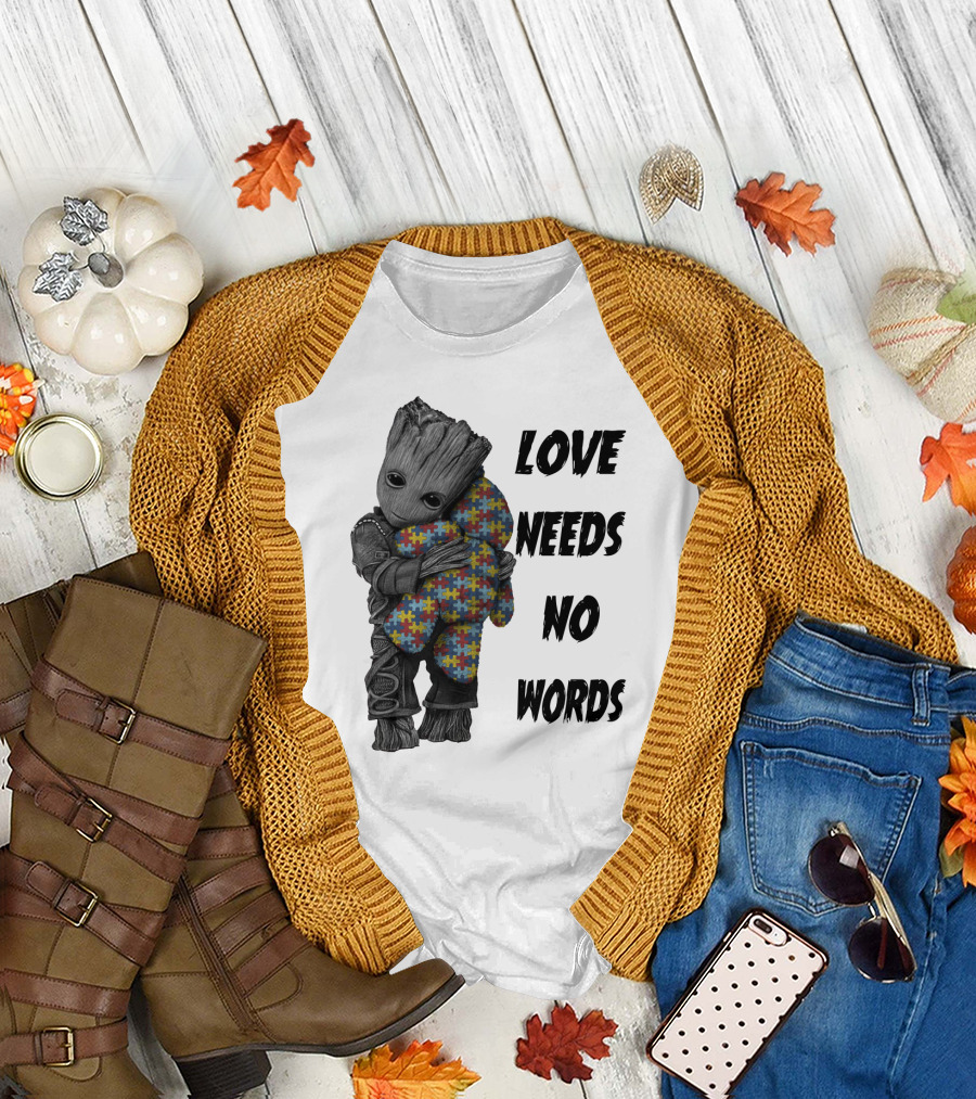Love Needs No Words Groot Hugging Puzzle Piece Autism Awareness T-Shirt