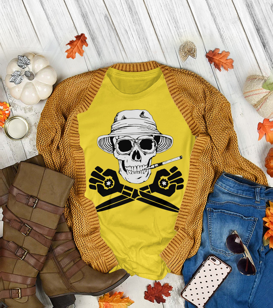 Hunter Thompson Skull Smoking with Hat and Scissors T-Shirt