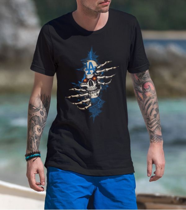 SKULL LA DODGERS LOGO WITH SKELETON HANDS T-Shirt
