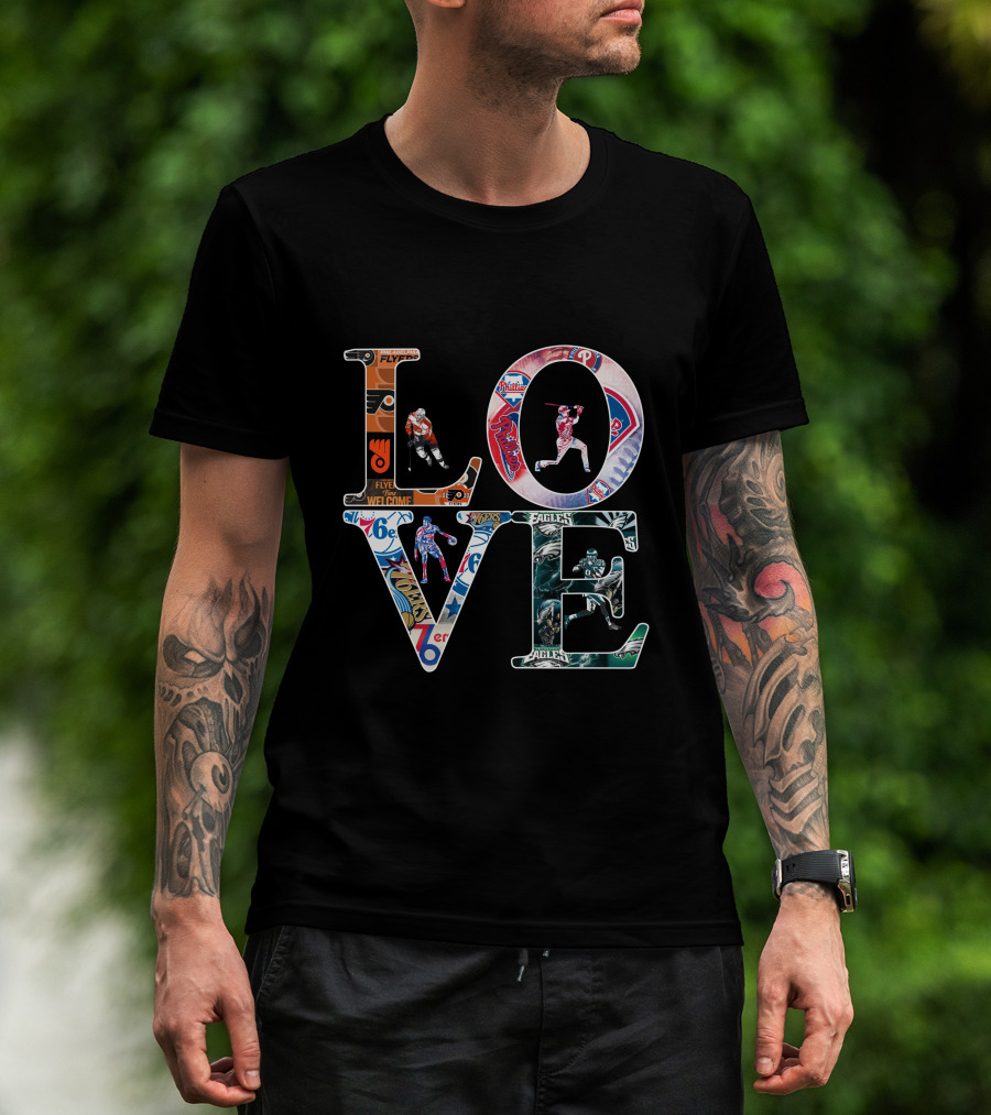 LOVE Philadelphia Sports Logos Flyers Phillies 76ers Eagles T-Shirt