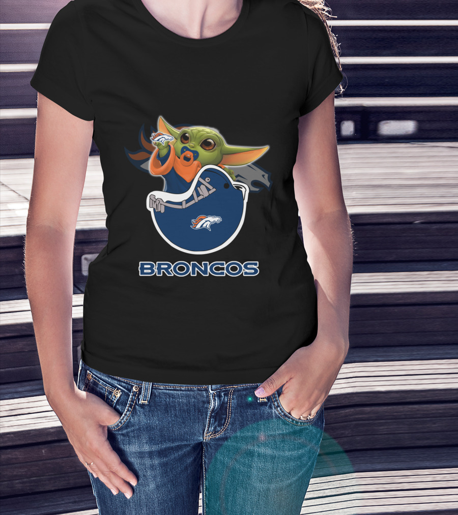 Broncos Baby Yoda Holding Football Toy With Denver Broncos T-Shirt