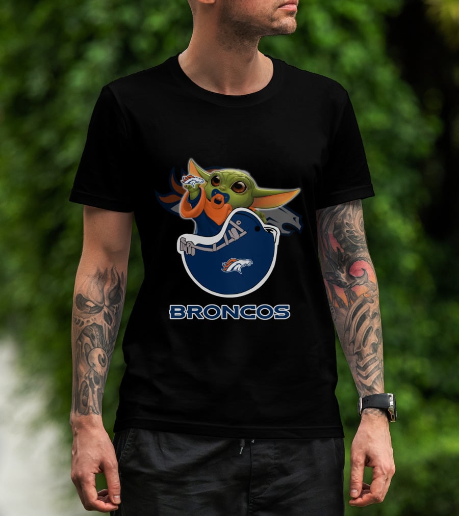 Broncos Baby Yoda Holding Football Toy With Denver Broncos T-Shirt