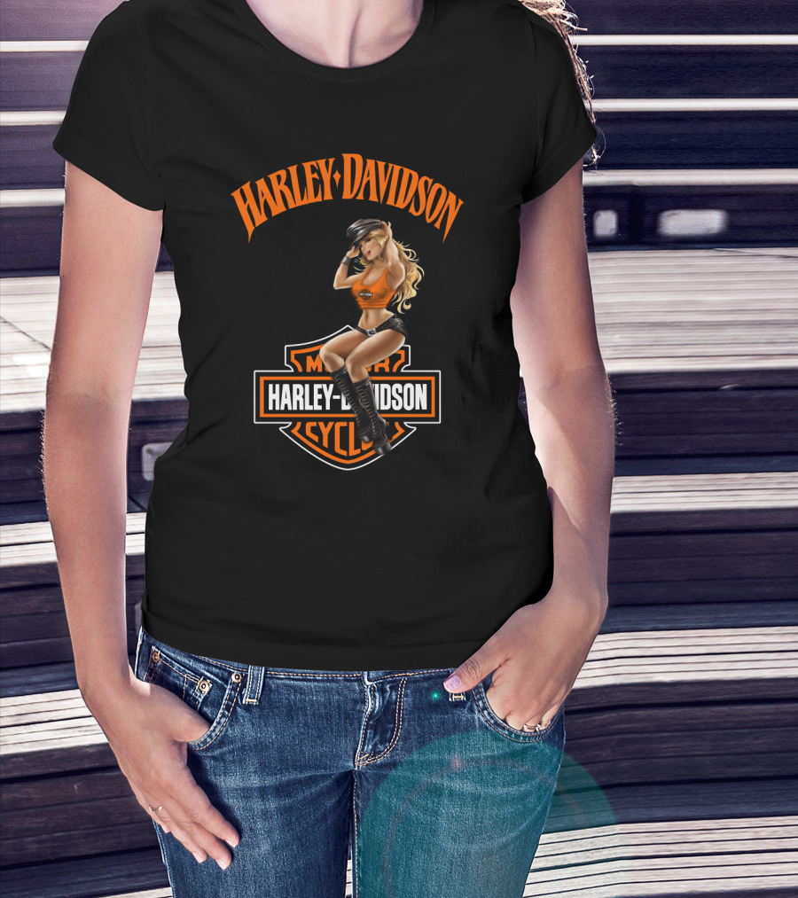 Harley Davidson Motorcycles Logo With Pin-Up Girl T-Shirt