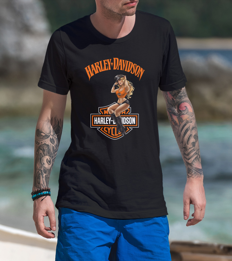 Harley Davidson Motorcycles Logo With Pin-Up Girl T-Shirt