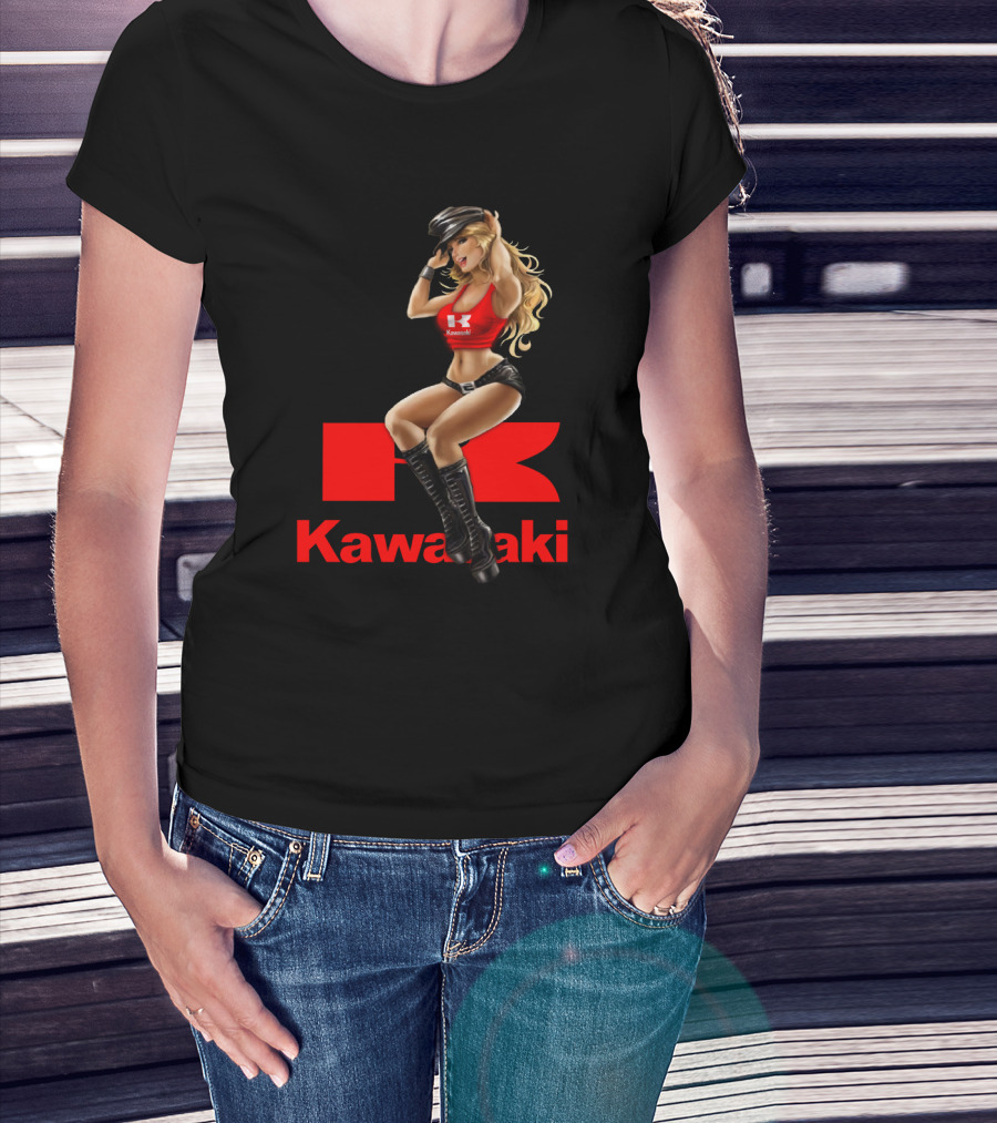 Kawasaki Girl In Red And Black Outfit With Cap And Boots T-Shirt