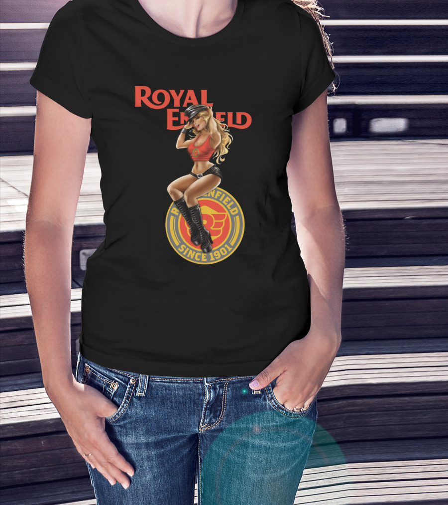 Royal Enfield Since 1901 With Pin-Up Girl In Red Top T-Shirt