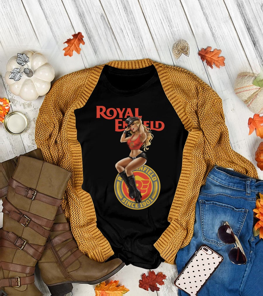 Royal Enfield Since 1901 With Pin-Up Girl In Red Top T-Shirt