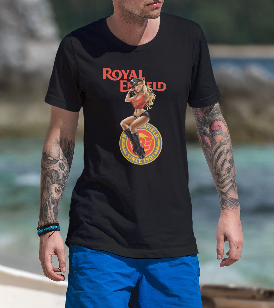 Royal Enfield Since 1901 With Pin-Up Girl In Red Top T-Shirt