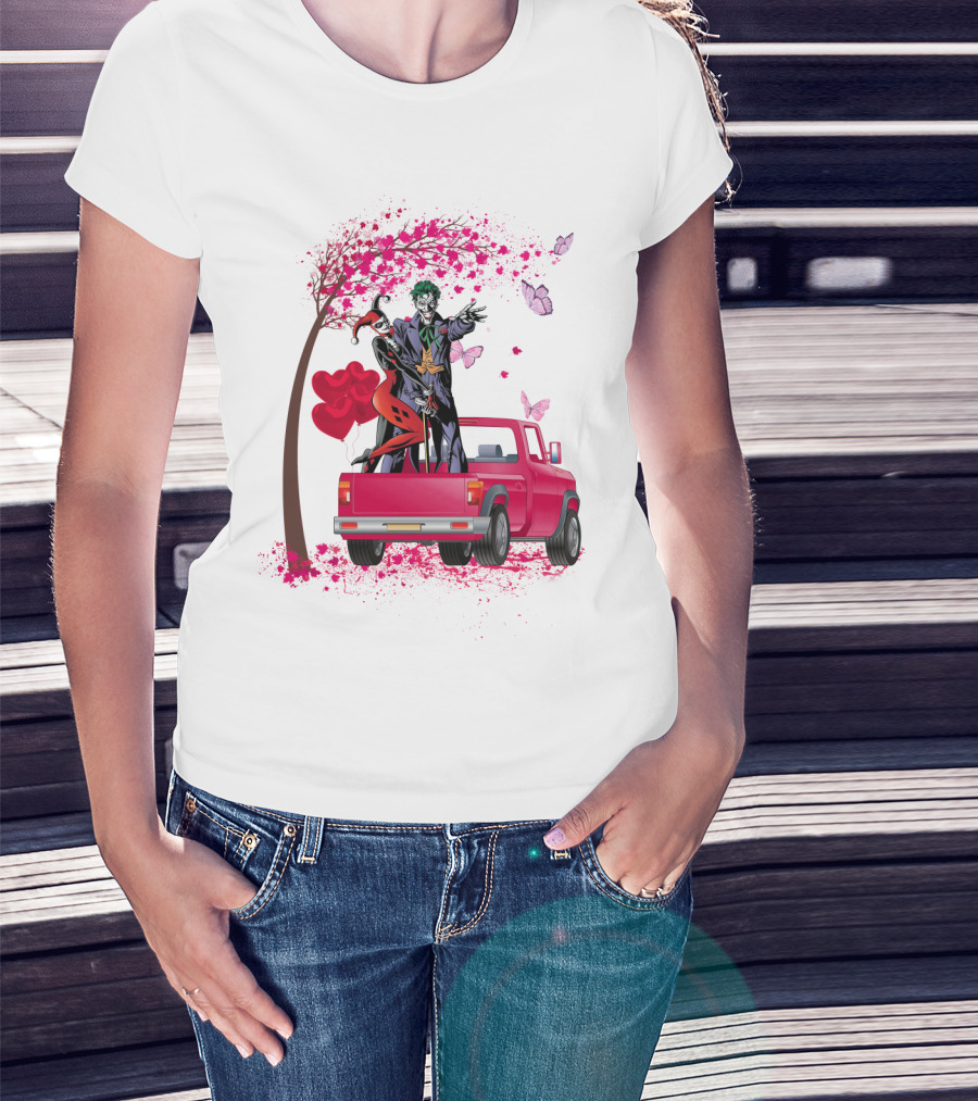Harley Quinn And Joker Standing On Red Truck With Hearts And Butterflies T-Shirt