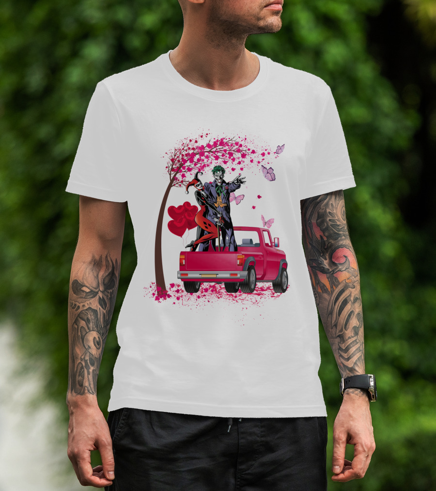 Harley Quinn And Joker Standing On Red Truck With Hearts And Butterflies T-Shirt