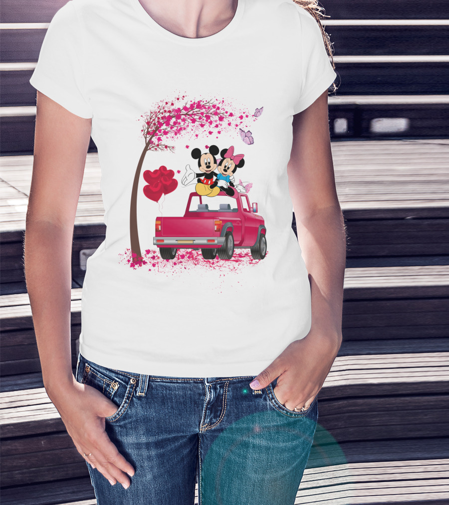 Mickey Minnie Mouse Red Truck Pink Heart Balloons T-Shirt