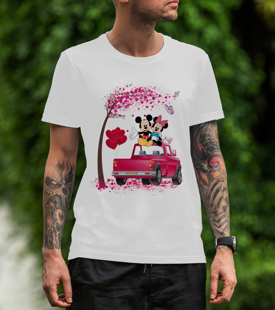 Mickey Minnie Mouse Red Truck Pink Heart Balloons T-Shirt