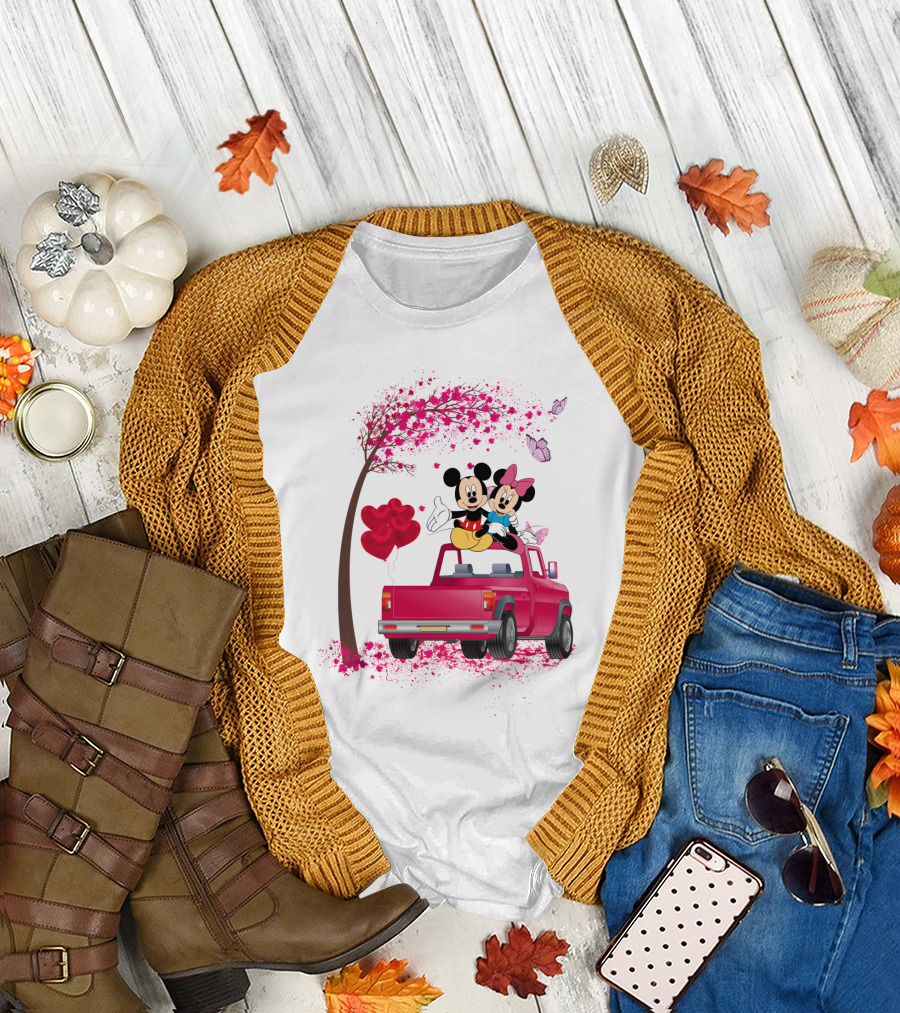 Mickey Minnie Mouse Red Truck Pink Heart Balloons T-Shirt