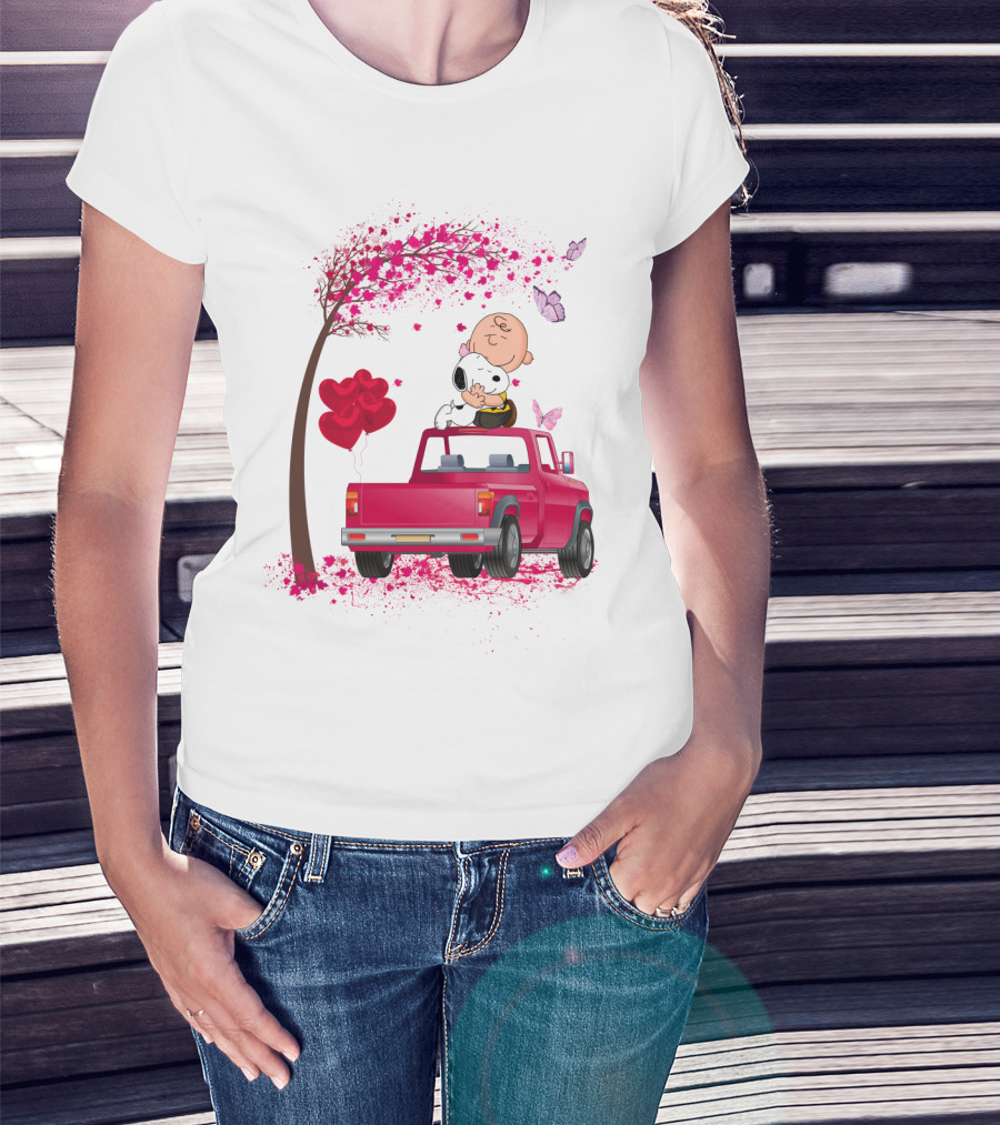 Snoopy Charlie Brown Red Truck Hearts Butterflies Tree T-Shirt