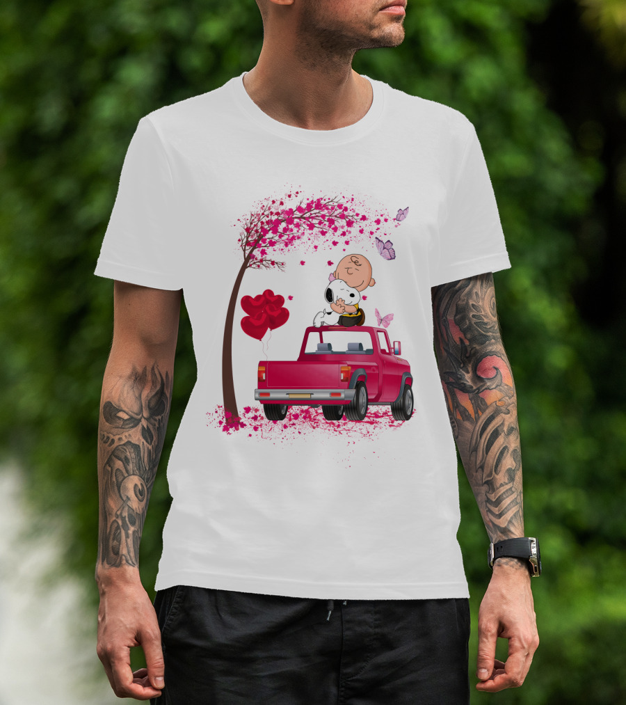 Snoopy Charlie Brown Red Truck Hearts Butterflies Tree T-Shirt