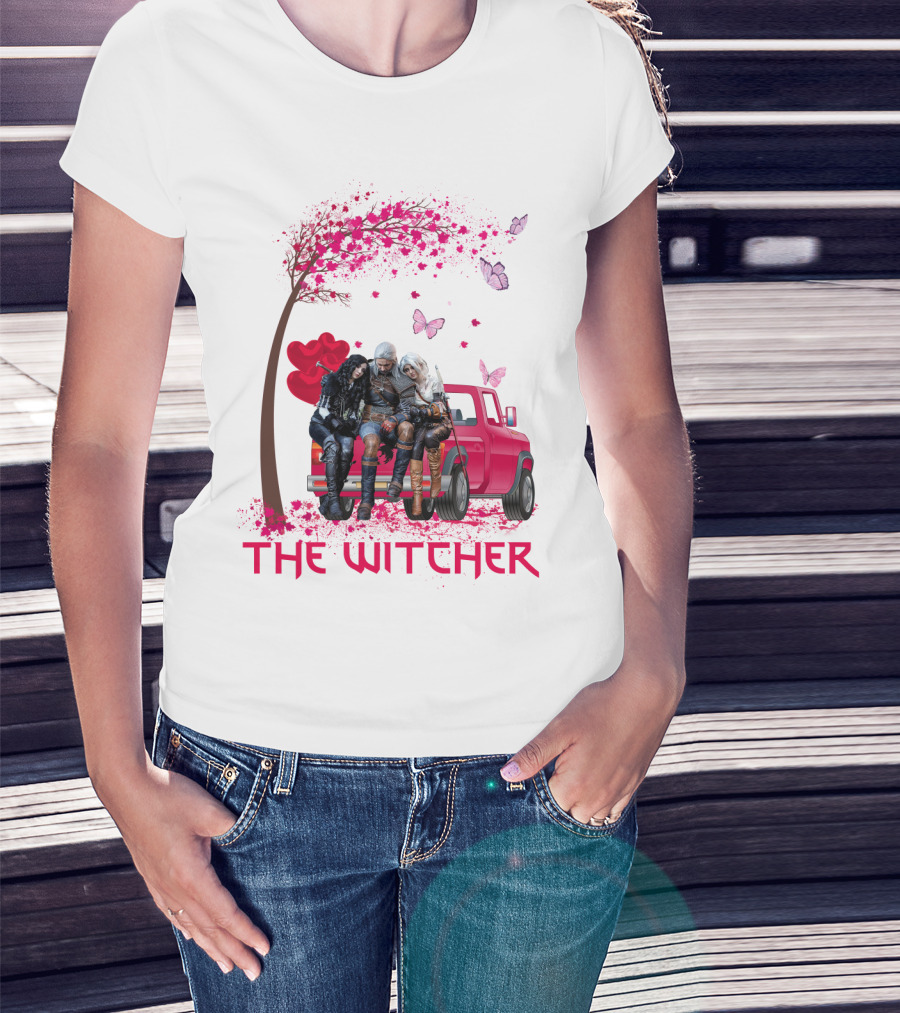 The Witcher Geralt Yennefer Ciri Pink Truck Hearts Butterflies Tree T-Shirt