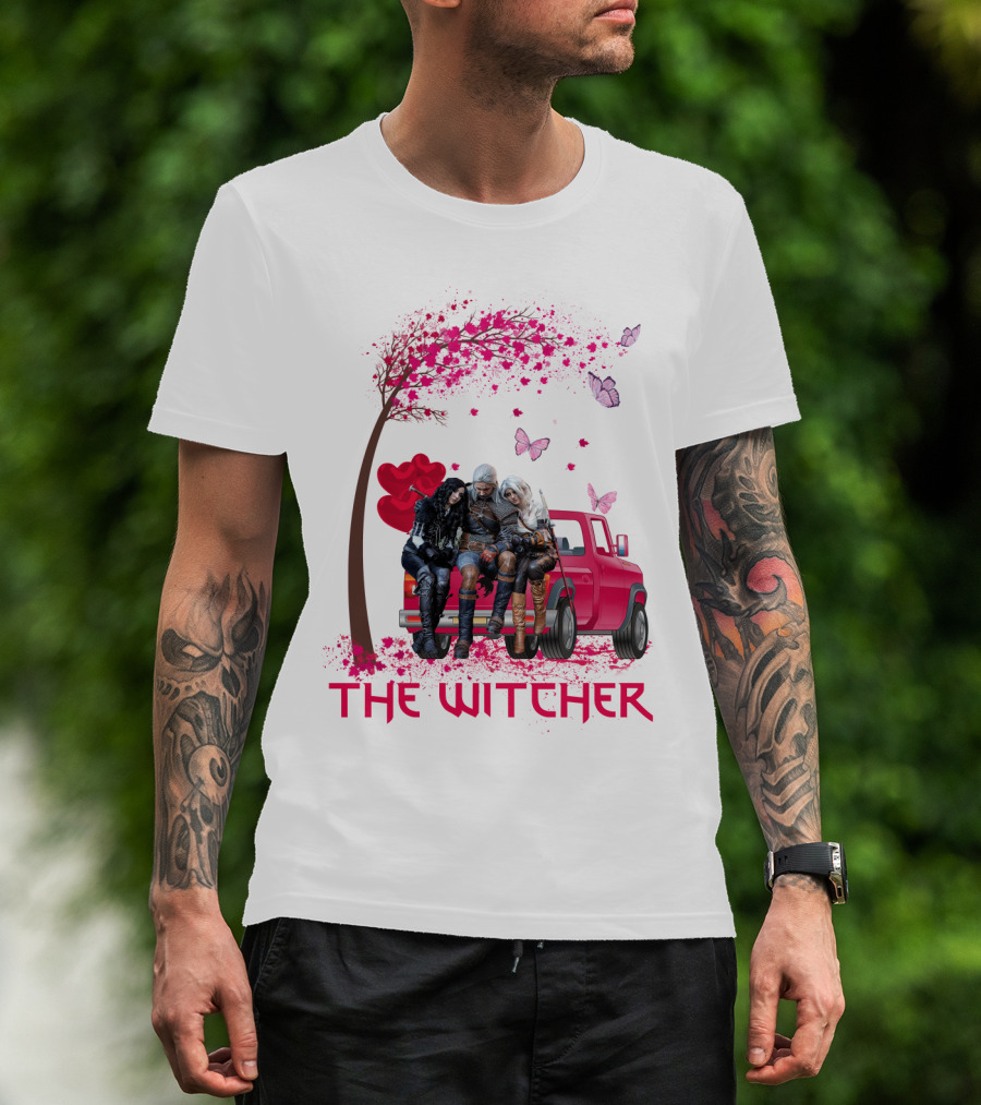 The Witcher Geralt Yennefer Ciri Pink Truck Hearts Butterflies Tree T-Shirt