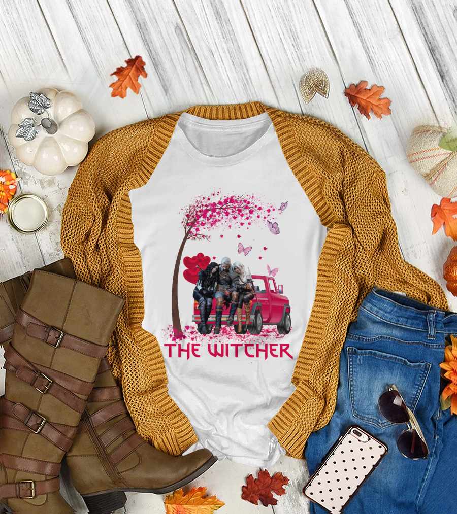 The Witcher Geralt Yennefer Ciri Pink Truck Hearts Butterflies Tree T-Shirt