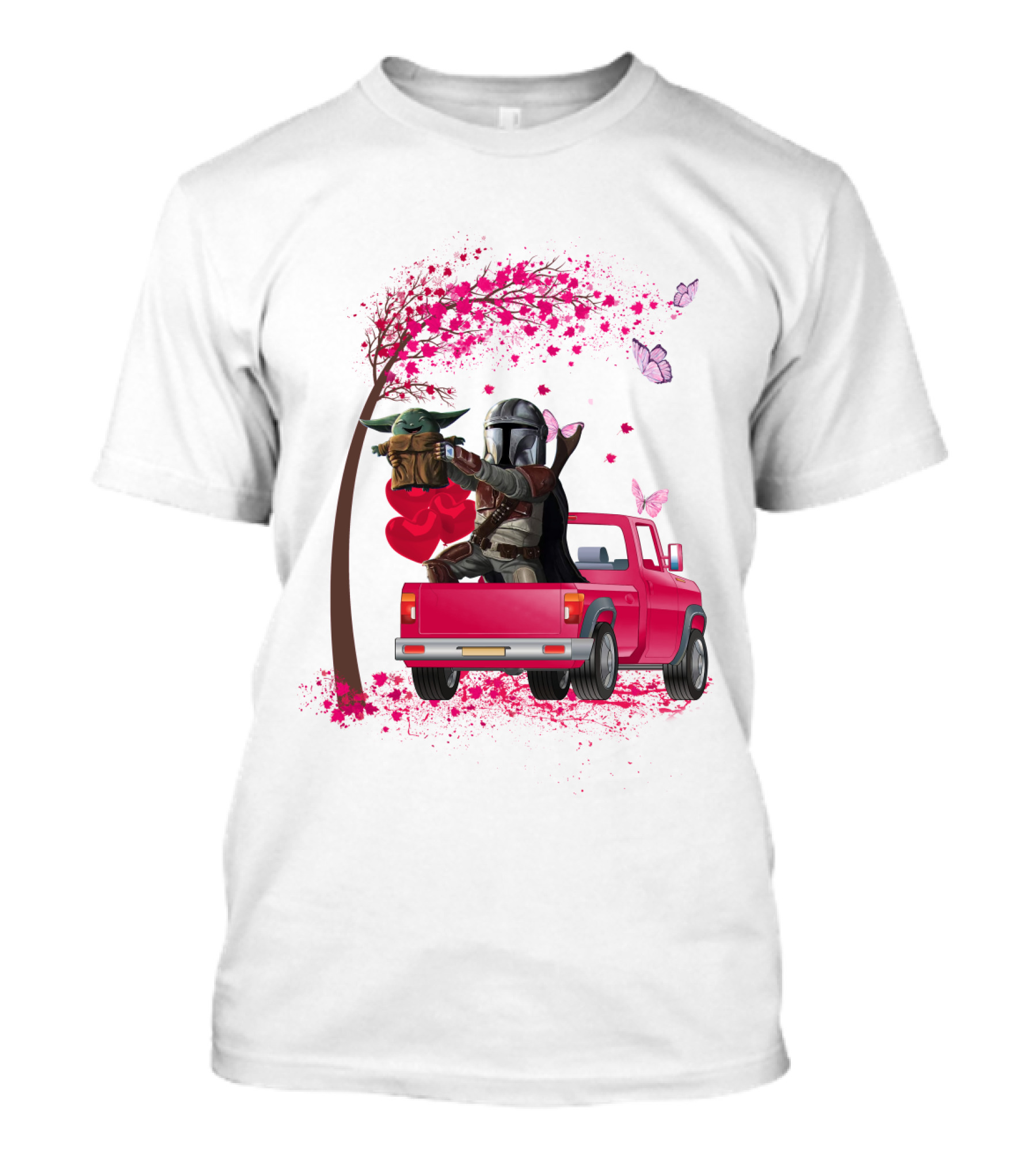 The Mandalorian With Yoda In Pink Truck Valentine Theme T-Shirt