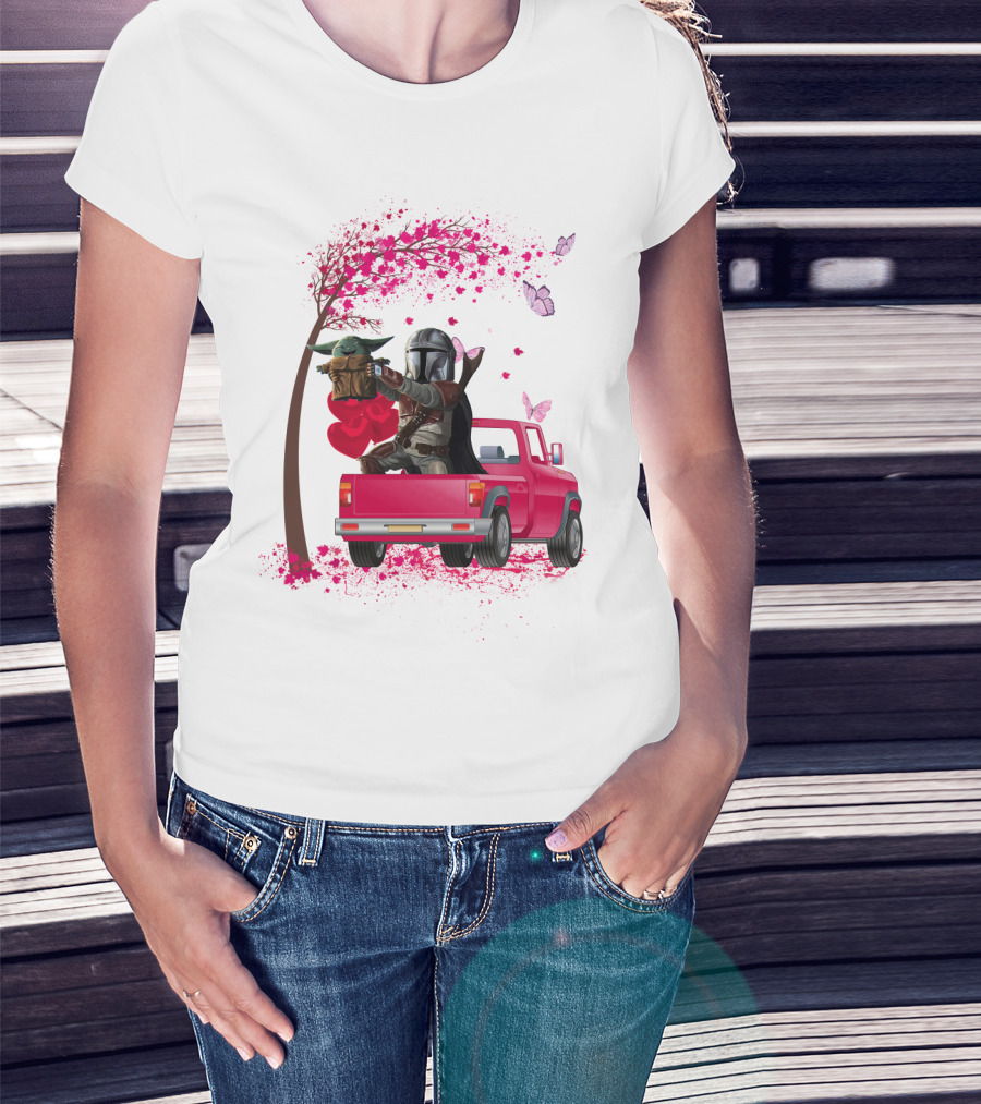 The Mandalorian With Yoda In Pink Truck Valentine Theme T-Shirt