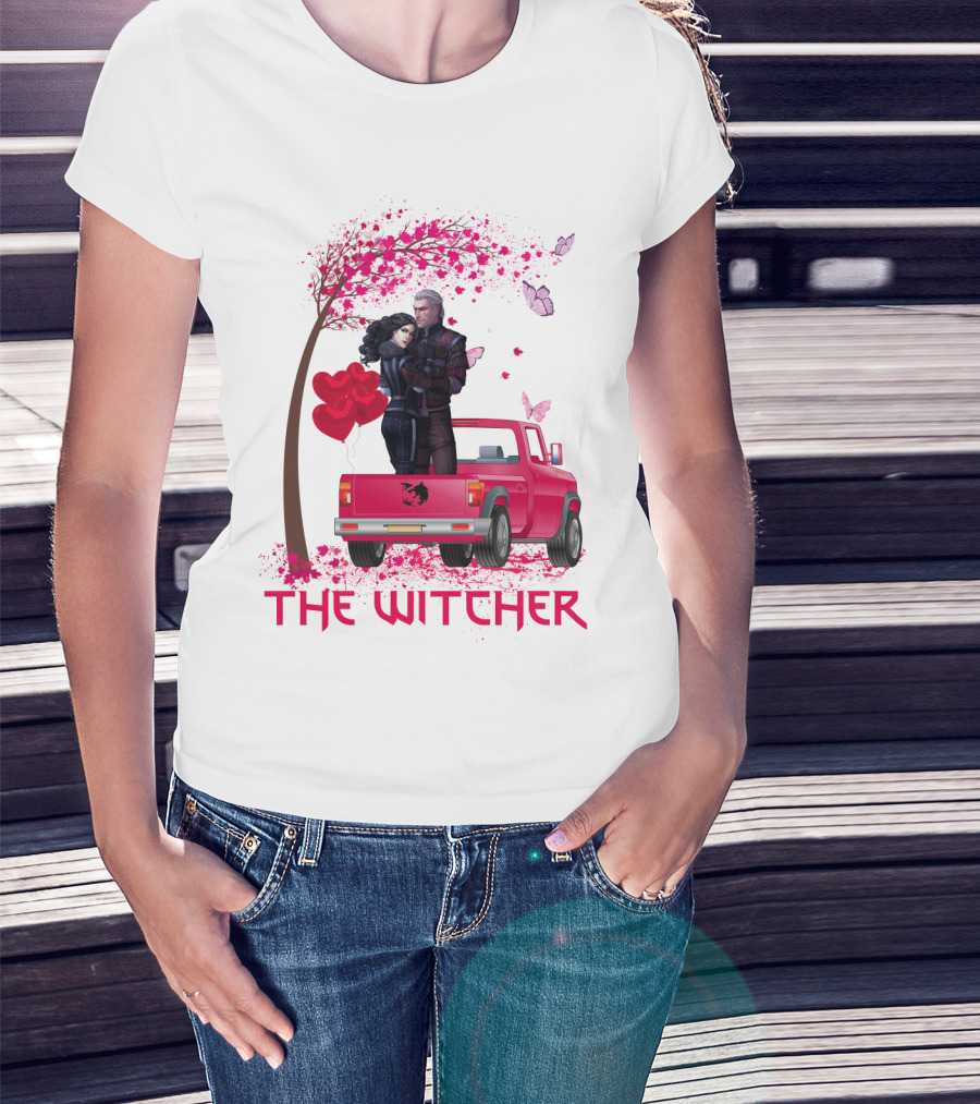 The Witcher Romantic Scene With Hearts And Butterflies T-Shirt