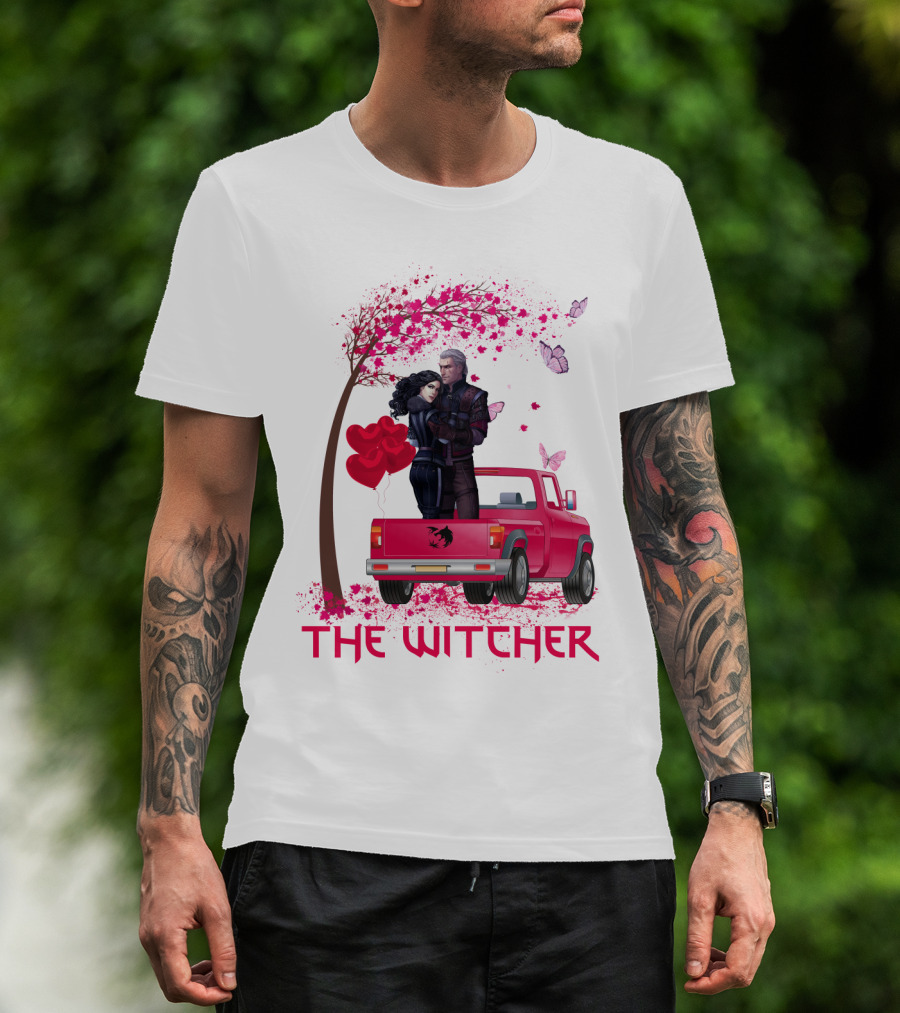 The Witcher Romantic Scene With Hearts And Butterflies T-Shirt