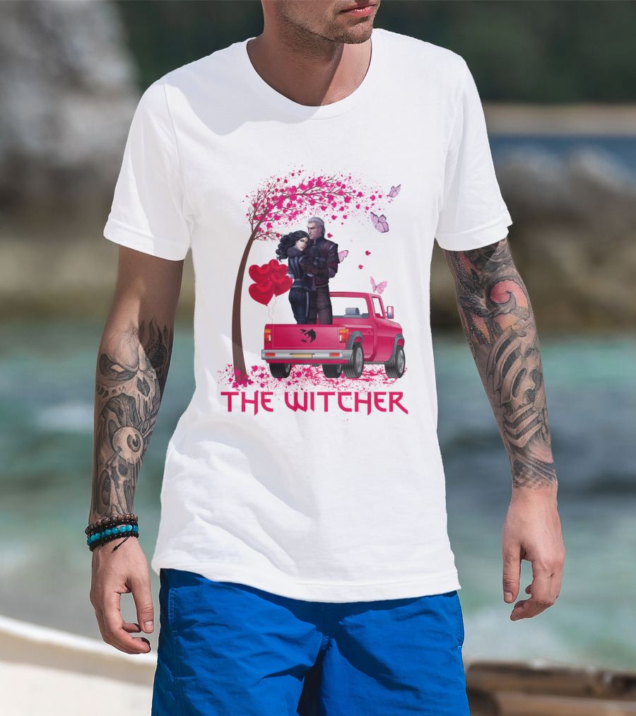 The Witcher Romantic Scene With Hearts And Butterflies T-Shirt