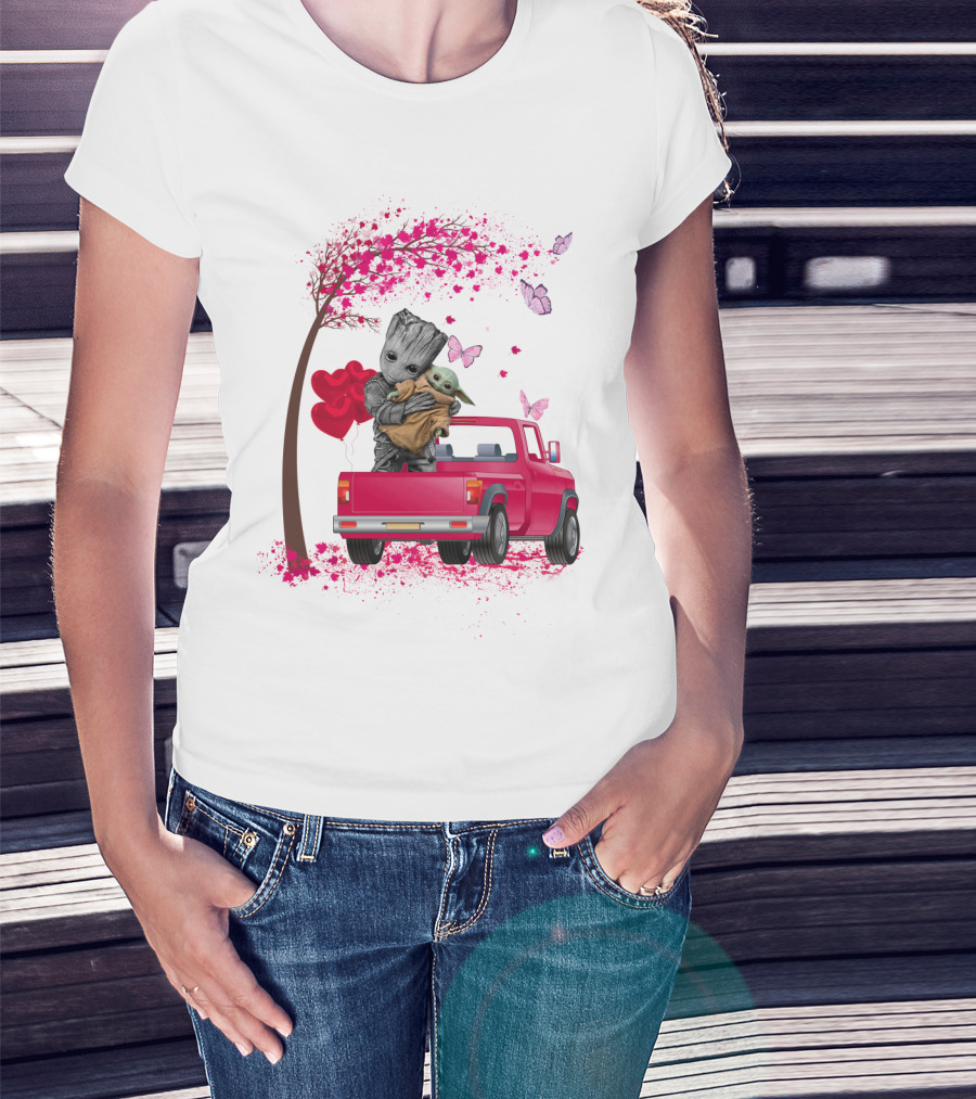 Groot And Yoda In Red Truck With Heart Balloons And Butterflies T-Shirt