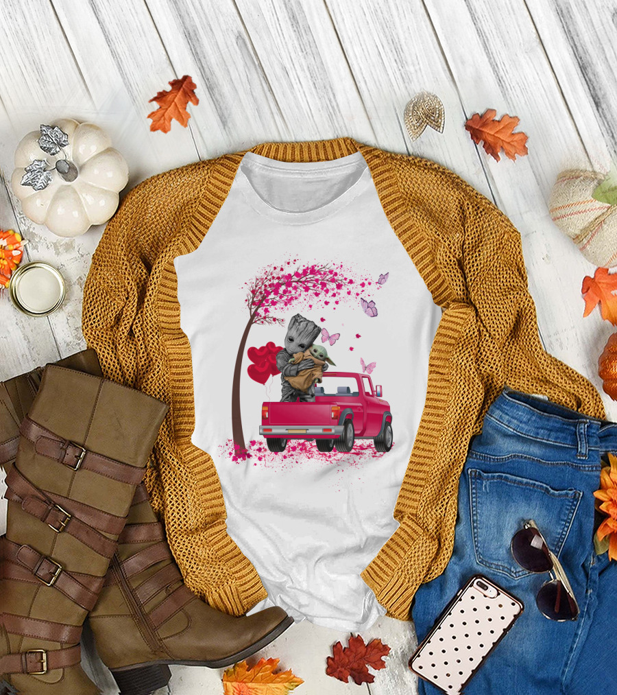 Groot And Yoda In Red Truck With Heart Balloons And Butterflies T-Shirt