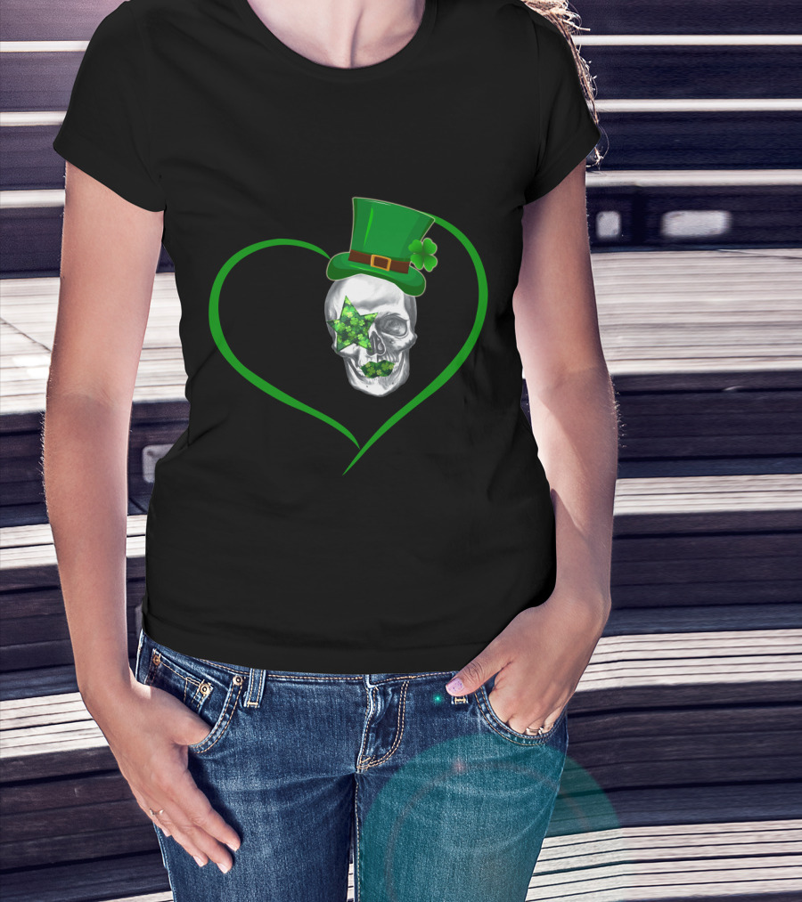 Kiss 02 Skull With Shamrock Star And Green Top Hat Inside Heart Shape T-Shirt