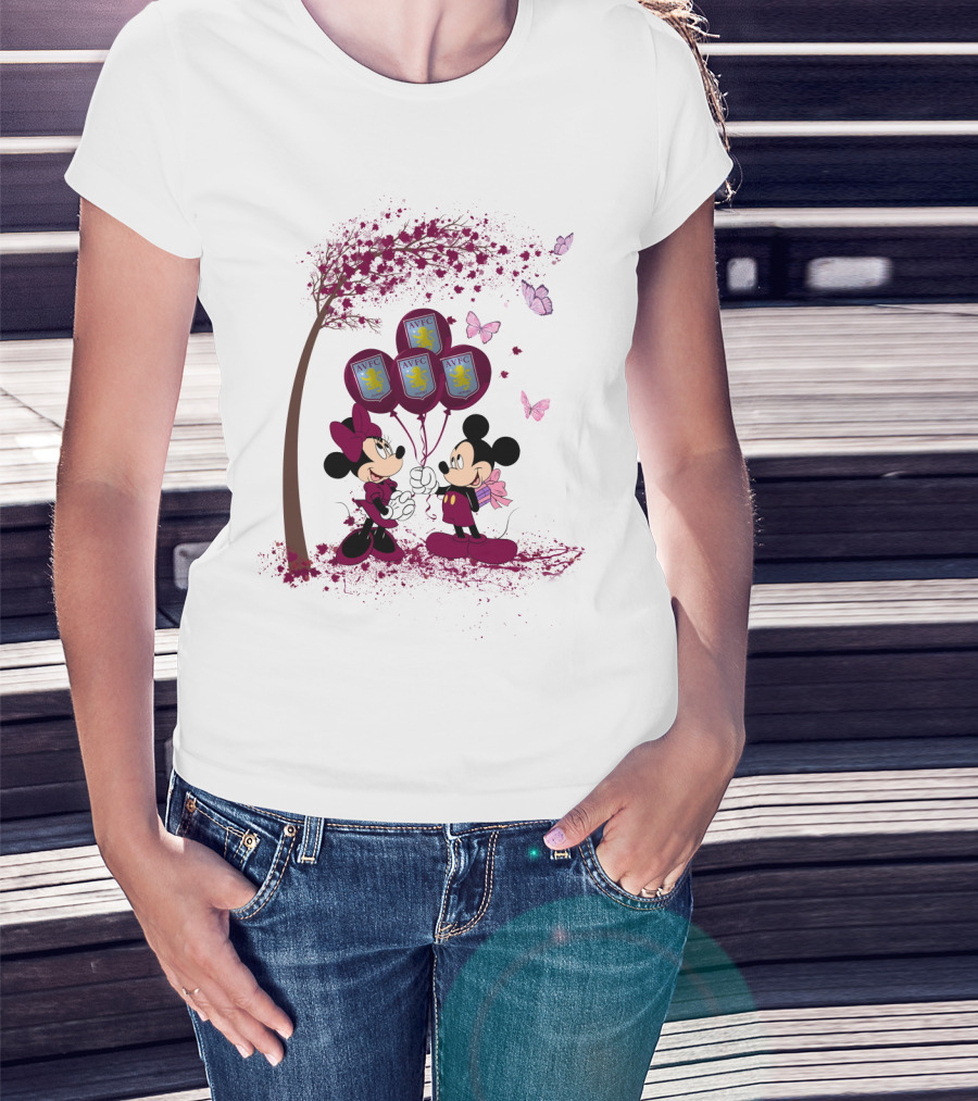 Aston Villa AVFC Balloons With Mickey And Minnie Under Cherry Blossom Tree T-Shirt