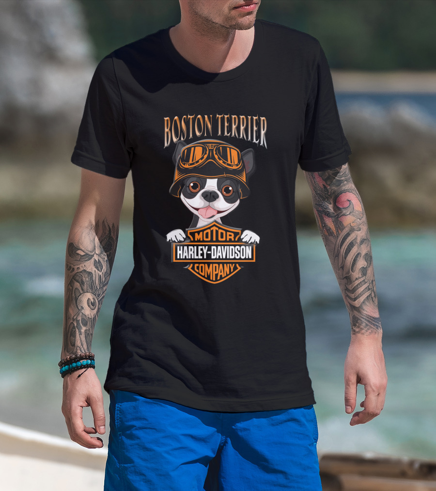 Boston Terrier Harley Davidson Motor Company Dog With Goggles T-Shirt