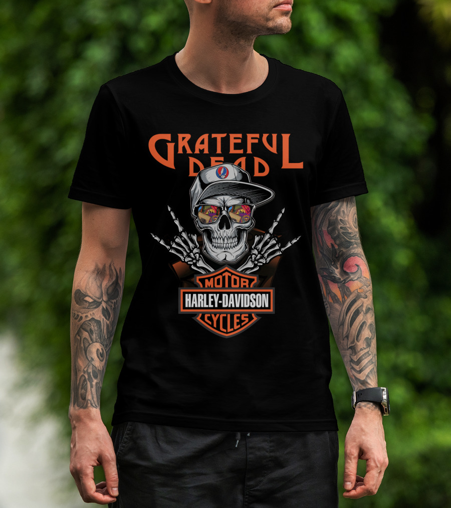 Grateful Dead Harley Davidson Skull With Steal Your Face Hat And Skeleton Hands T-Shirt