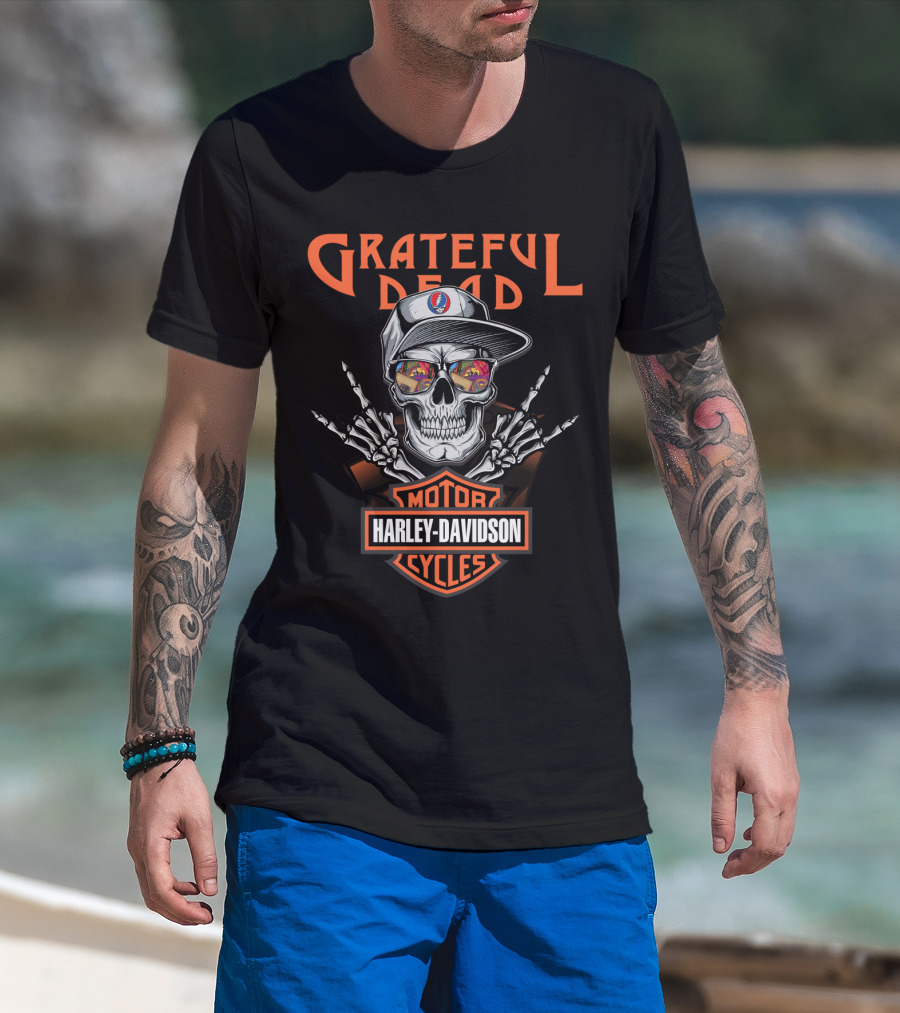 Grateful Dead Harley Davidson Skull With Steal Your Face Hat And Skeleton Hands T-Shirt