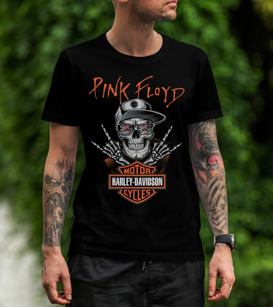 Pink Floyd Harley Davidson Skull With Cap And Skeleton Hand Motorcycles T-Shirt
