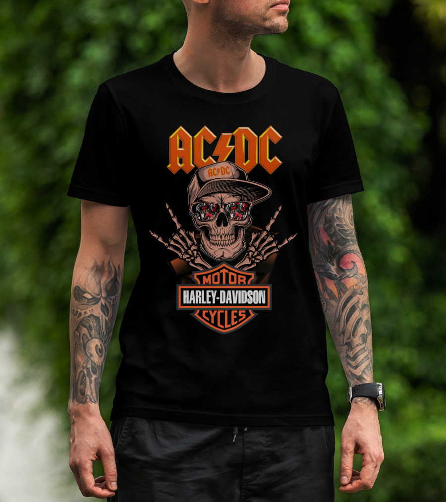 Acdc Harley Davidson Skull With Motorcycles Reflection And Lightning T-Shirt