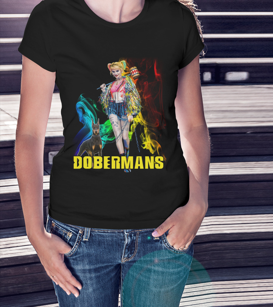 Harley Quinn Dobermans Colorful Character With Mallet And Dog T-Shirt