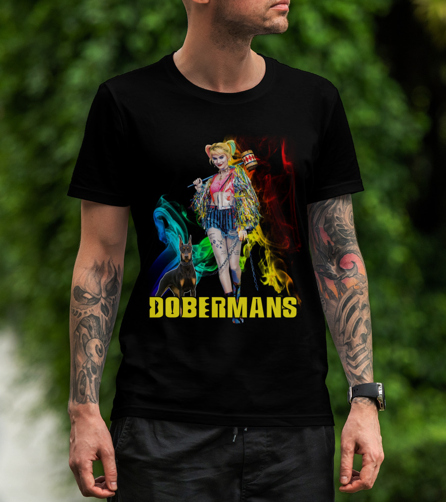 Harley Quinn Dobermans Colorful Character With Mallet And Dog T-Shirt
