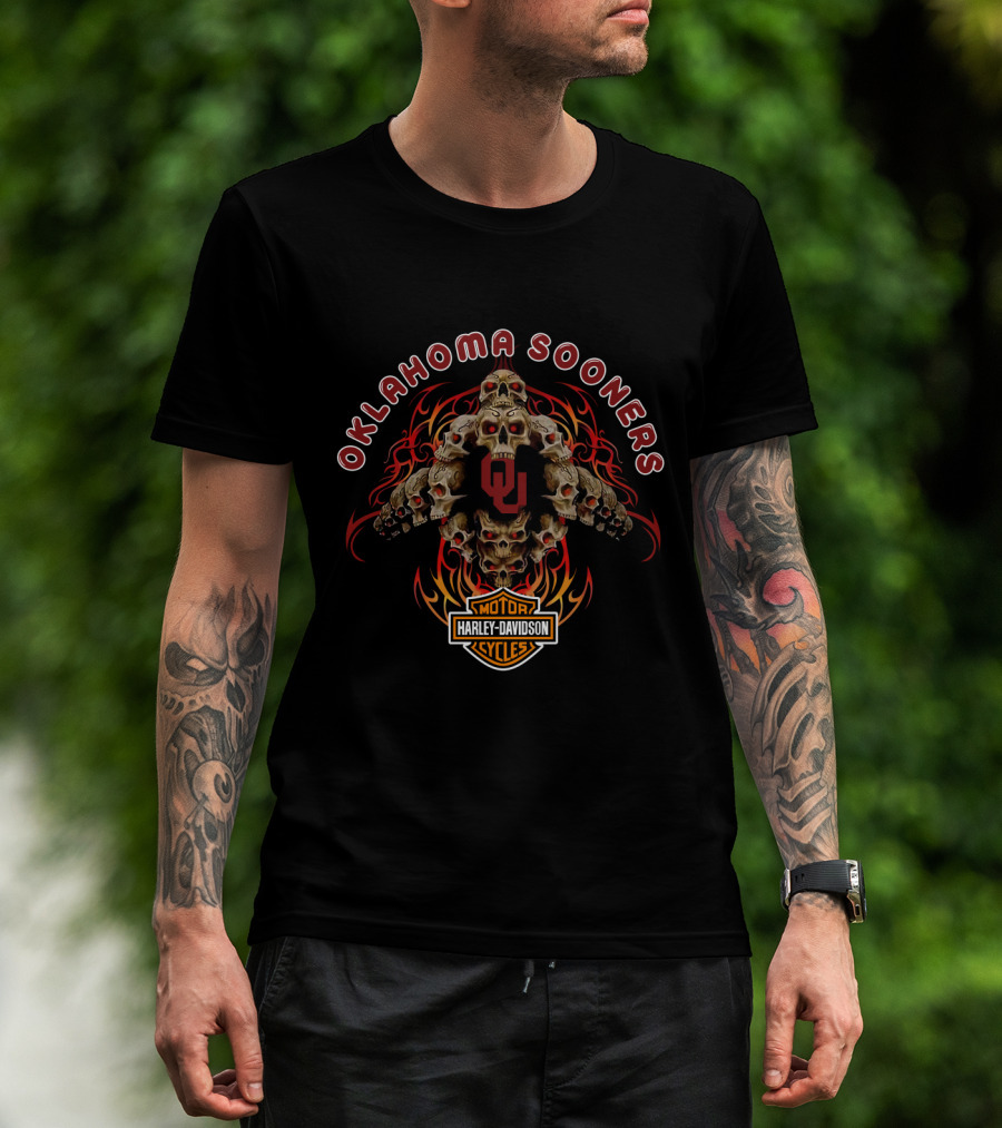 Oklahoma Sooners Harley Davidson Skulls Flame T-Shirt