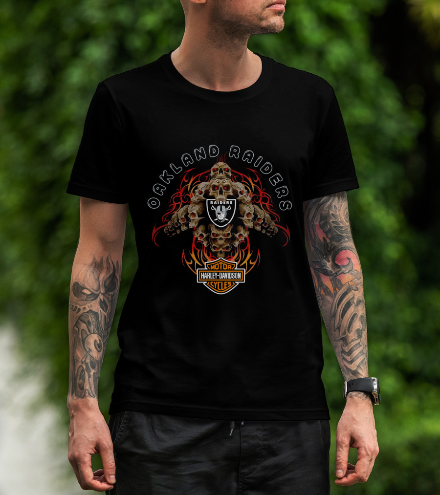 Oakland Raiders Harley Davidson Motorcycles Skulls And Flames T-Shirt